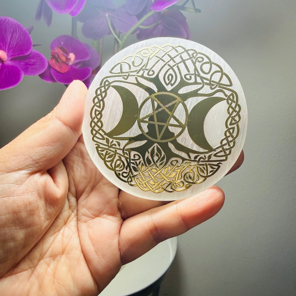 Selenite Charging Plate Etched Celtic Tree of Life Crystal Cleansing Coaster